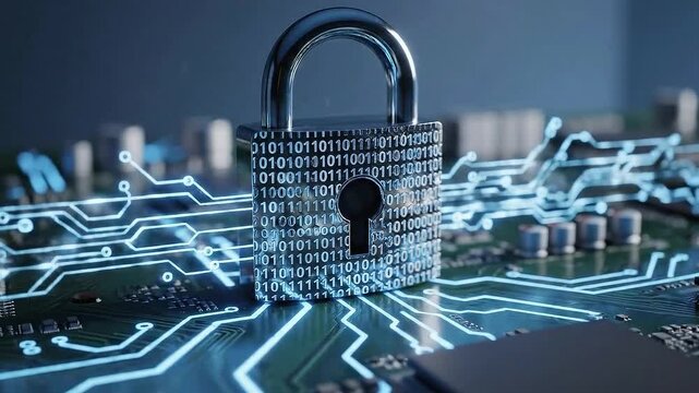 Digital Padlock Symbol Representing Cybersecurity Data Protection and Network Security Over a Circuit Board Background With Blue Glowing Lines