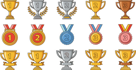 Winner Trophy and Medal Vector Illustration Set Featuring First Second Third Place Awards for Sports Competitions, Tournaments, School Events, and Achievement Recognition Design Projects