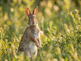 Fototapeta premium A cute wild rabbit stands alert on its hind legs in a sunny meadow, beautifully captured with soft bokeh during the warm golden hour.