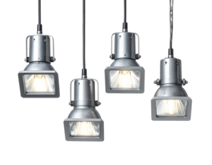 Industrial spotlights suspended, casting a warm glow against darkness