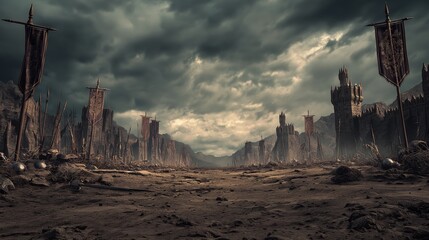 Naklejka na ściany i meble Desolate Medieval Battlefield Beneath Stormy Fortress Skies