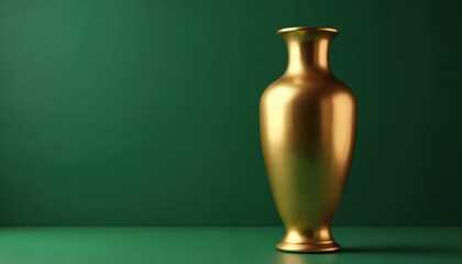 Gold vase stands on green surface against dark green background. Elegant decorative object symbolizes wealth achievement and success. Classic award piece.