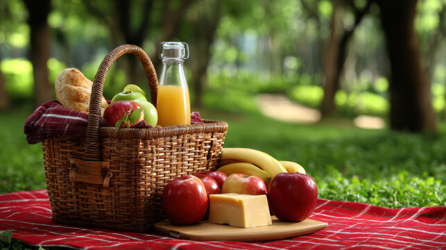Picnic basket food outdoor park on red blanket, fresh fruit juice bread cheese under tree shade creates peaceful summer relaxation scene - Powered by Adobe