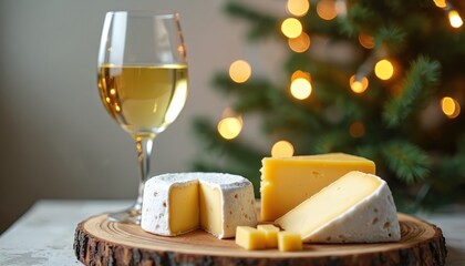 Obraz premium Several cheese varieties rest on wooden board with wine glass. Christmas tree lights sparkle in background. Cozy winter celebration food scene.
