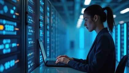 Woman works in server room on laptop. Blue lights glow from racks of computers. She types on keyboard in modern tech space. Focus on female engineer with data systems.