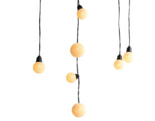 A cluster of glowing, bulbous light fixtures on dark cords