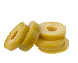 Green olives cut isolated on white background