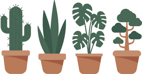 Minimalist illustration of potted houseplants, cactus, snake plant, monstera and bonsai