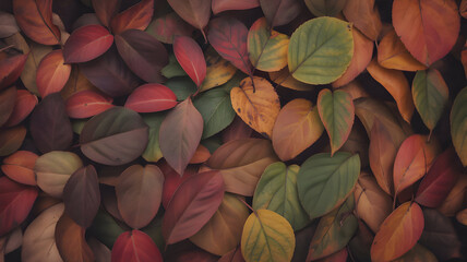 Top-Down Macro of Variegated Autumn Leaves Pattern - Dense Overlap of Red, Burgundy, Green, and Orange - High Detail 4K UHD Natural Texture