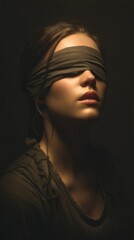 Woman with eyes covered by fabric in a studio with dramatic lighting
