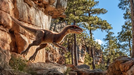 Obraz premium Feathered Velociraptor hunting in rocky forest