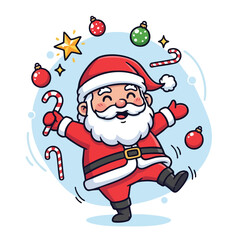 Jolly Santa Claus cartoon character dancing with Christmas ornaments on a light blue background for festive digital media and greeting cards