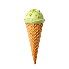 A delicious green ice cream scoop atop a crispy cone, adorned with pine nuts and a sprinkle of green flakes.