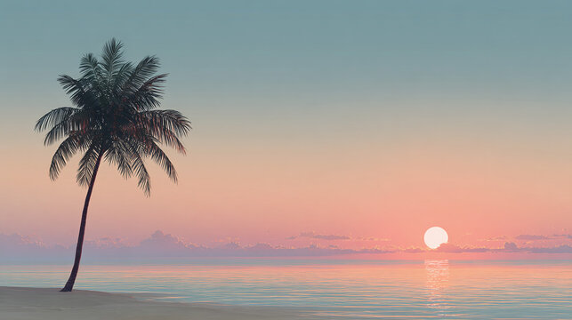 A picturesque tropical beach scene at sunset with a palm tree silhouette. The sun casts a warm glow over the water, creating a tranquil atmosphere.
