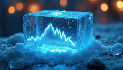 Stock market graph frozen inside ice cube. Blue light illuminates finance data analysis. Economy trend visual, abstract cold digital information.