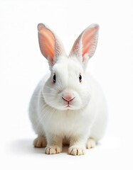 Obraz premium Small white rabbit sits still on white backdrop. Cute fluffy animal looks forward. Innocent bunny shows soft fur and long ears. Easter pet or zoo creature.