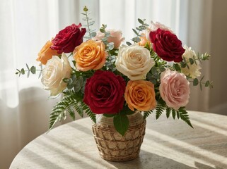 A romantic arrangement of vibrant red, orange, and cream roses sits elegantly in a woven basket vase, softly illuminated by natural window light on an indoor table.