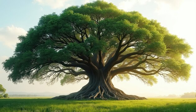 Ancient with thick gnarled trunk and widespread branches covered in lush green leaves. Its complex root system spreads across the grassy field under a bright, soft sky.