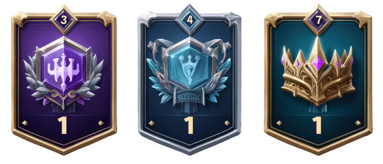 Three distinct achievement badges showcasing ranks in a competitive game environment