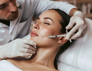 Beautician makes mesotherapy injections spa beauty treatment skincare woman getting facial care by beautician at spa salon side view wellness center healthcare occupation