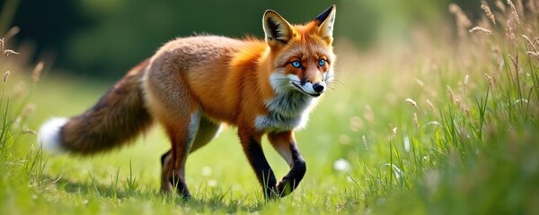 Naklejka premium Red fox with bright blue eyes walks through tall green grass in bright daylight. The wild animal is alert, its fur rustles in the soft breeze.
