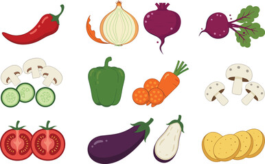 Fresh Vegetable Assortment Vector Illustration Set Featuring Chili Pepper, Onion, Beetroot, Mushroom, Tomato, Eggplant, Carrot, Cucumber, and Potato for Healthy Food and Cooking Design Projects