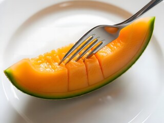 A close-up of a fork piercing a slice of cantaloupe 