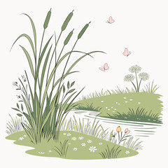 Green meadow with small pond reeds and butterflies
