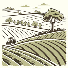 Rolling farmland with tractor and trees rolling hills © shahin10