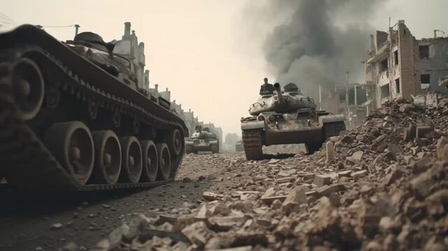 Tanks advancing through war-torn city streets with footage of destruction and debris