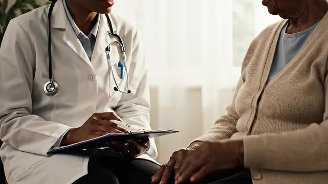 Doctor Consulting Elder Patient Discussing Medical Report During Appointment In Natural Light