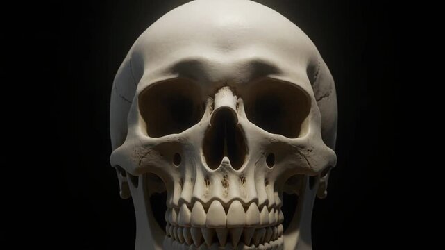 Front View of Human Skull with Dark Eye Sockets Rotating on Black Background 3D Render Loop