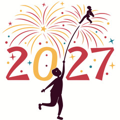 Silhouetted children celebrating 2027 with fireworks