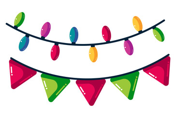 Festive Garlands and Lights: Vividly colored string lights and triangular bunting hang, evoking a celebratory mood with vibrant decorations.