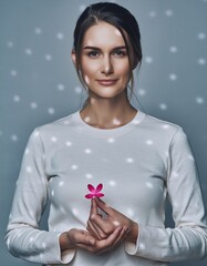 International breast cancer awareness month concept woman hands holding red ribbon on dark isolated