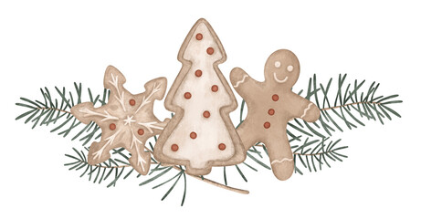 Christmas composition with fir tree and new year cookies beige gingerbread man decorated with colorful icing and fir tree and snowflake. Festive holiday decorations of Christmas illustration