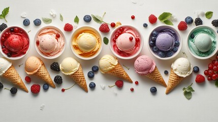 Bright desserts with colourful ice cream and berries will decorate culinary blogs, creating an appetising backdrop for advertising sweets.