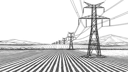 High voltage transmission towers crossing agricultural farmland landscape, power lines perspective, energy infrastructure illustration, rural electricity distribution, clean line art © MstMoksada
