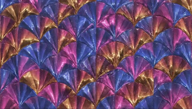 Iridescent geometric tessellation of overlapping fan-shaped scales in gold, pink, blue, purple hues