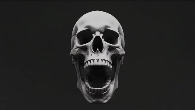 Realistic Human Skull Front View with Wide Open Mouth on Dark Background, Dramatic Lighting