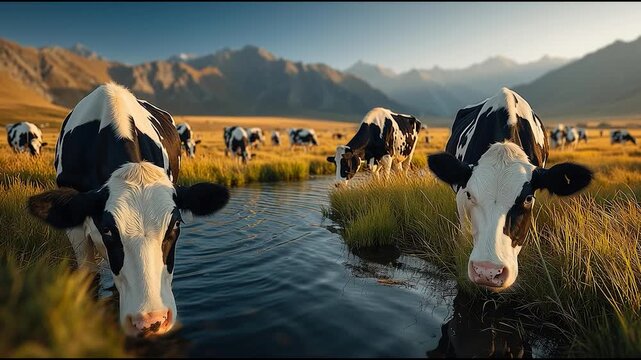 Holstein cows drinking from stream in mountain valley pasture at sunset in rural landscape