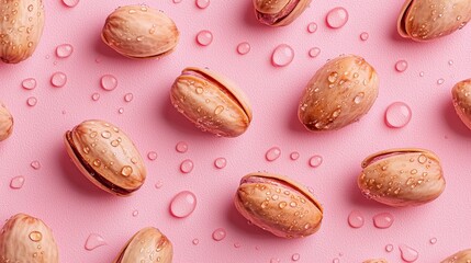 beans concept. Pistachios with droplets on a pink background, showcasing texture and color contrast.