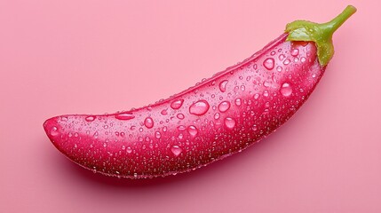 beans concept. A fresh pink chili pepper with water droplets on a soft pink background, showcasing vibrant colors and textures.