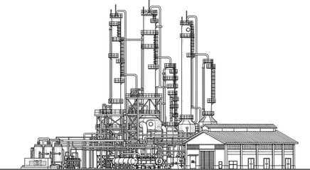Industrial refinery plant technical illustration, chemical factory infrastructure, engineering process design, black and white vector line art drawing