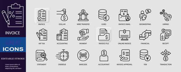 Set of icons for invoice. Editable stroke. Vector illustration	