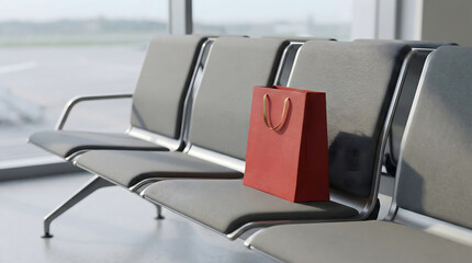 Red shopping bag placed on airport waiting chairs in a modern terminal with copy space.