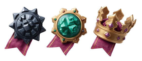 Three distinct award badges featuring a spiked black ball, a green gem shield, and a golden crown, with decorative ribbons, suitable for gaming achievements