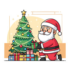 Santa Claus placing gifts under a festive Christmas tree in a joyful holiday illustration for seasonal cheer