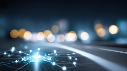 Futuristic network technology with glowing dots and lines showcasing advanced digital connections in a blurred urban environment at night