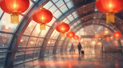 Red Chinese lanterns decorating a modern walkway, symbolizing Lunar New Year festivity.